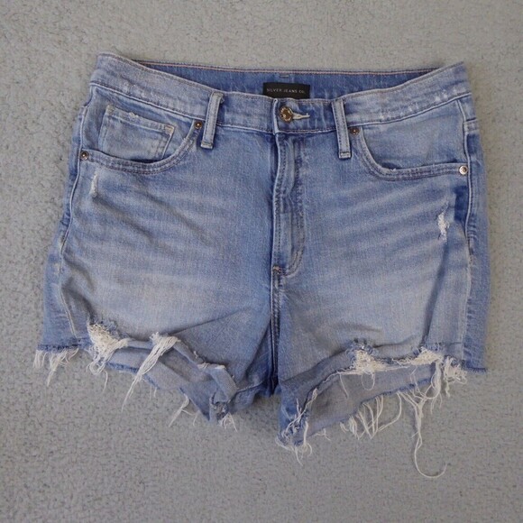 Silver Jean Shorts Women's 28 Blue Frisco High Rise Raw Hem Distressed Shorts - Picture 1 of 8